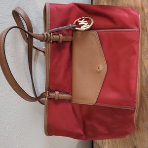 Vintage Red Michael Kors Handbag Purse Nylon EUC Brown Leather Trim